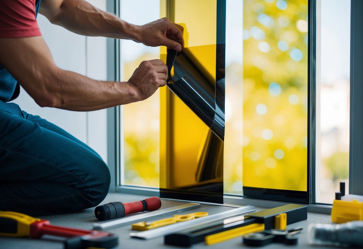 A window being tinted with a film, surrounded by tools and materials for installation