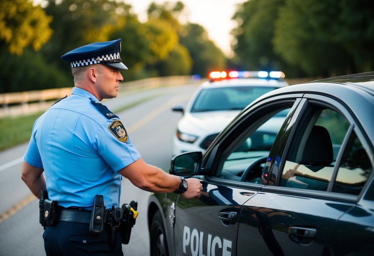 A police officer pulling over a car with dark window tint