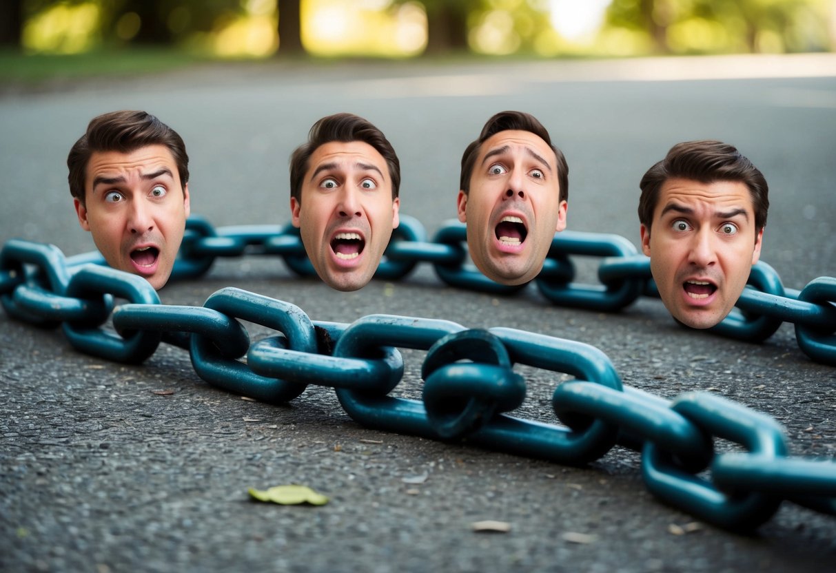 A series of broken chains lying on the ground, with exaggerated facial expressions of disbelief and frustration surrounding them