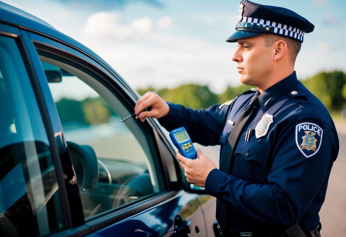 A police officer inspecting a car with dark window tint using a light meter to measure the level of tint