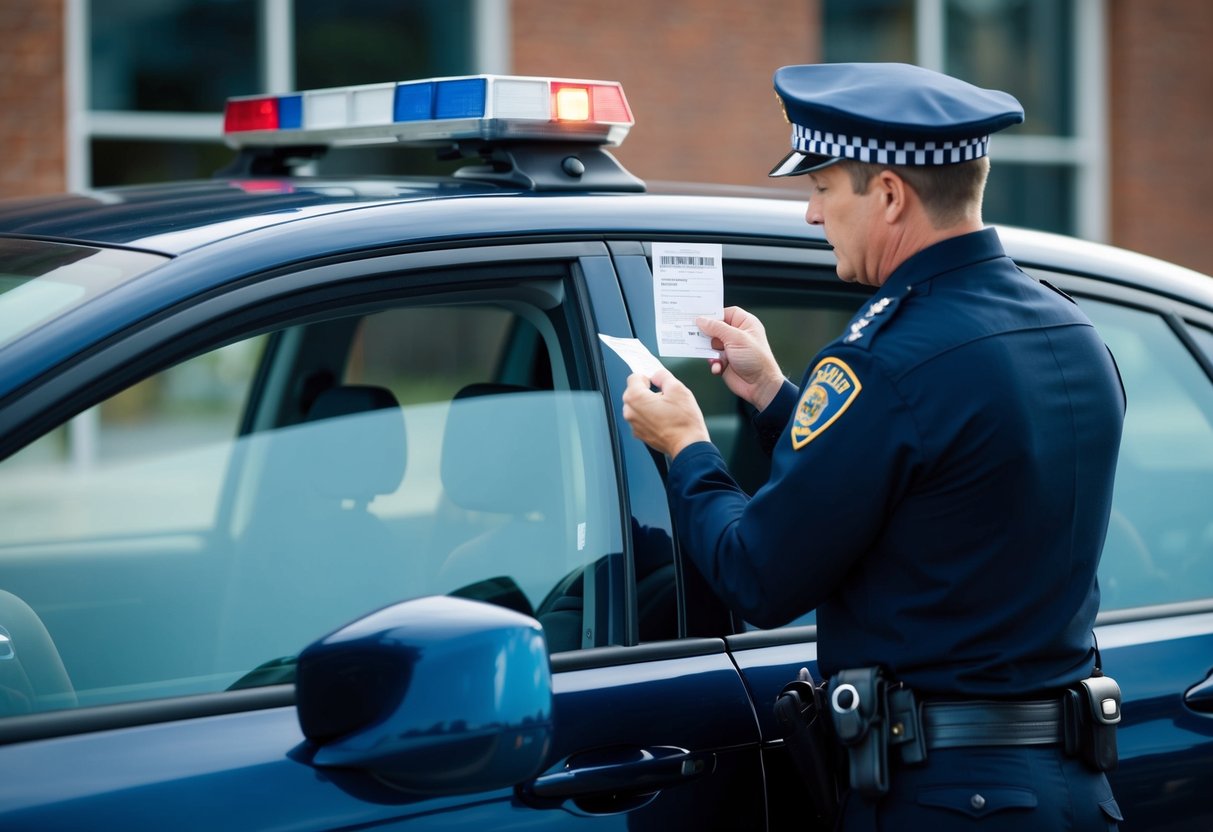 A police officer issuing a ticket to a car with dark window tint