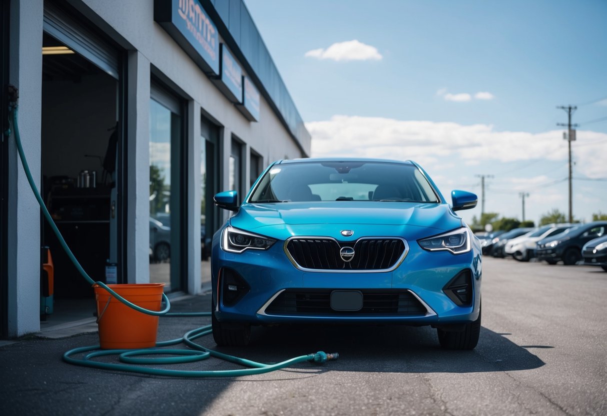 A car parked outside a tinting shop, with a hose and bucket nearby, under a clear sky