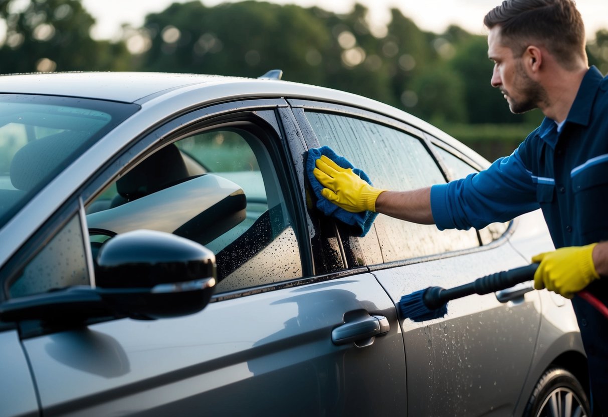 A car with newly tinted windows being washed by a person