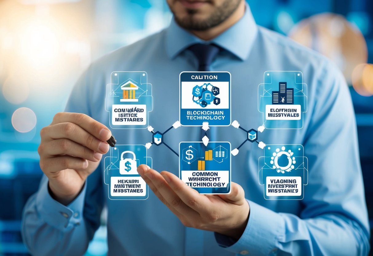 A person studying a diagram of interconnected blocks representing blockchain technology, with cautionary warning signs around common investment mistakes