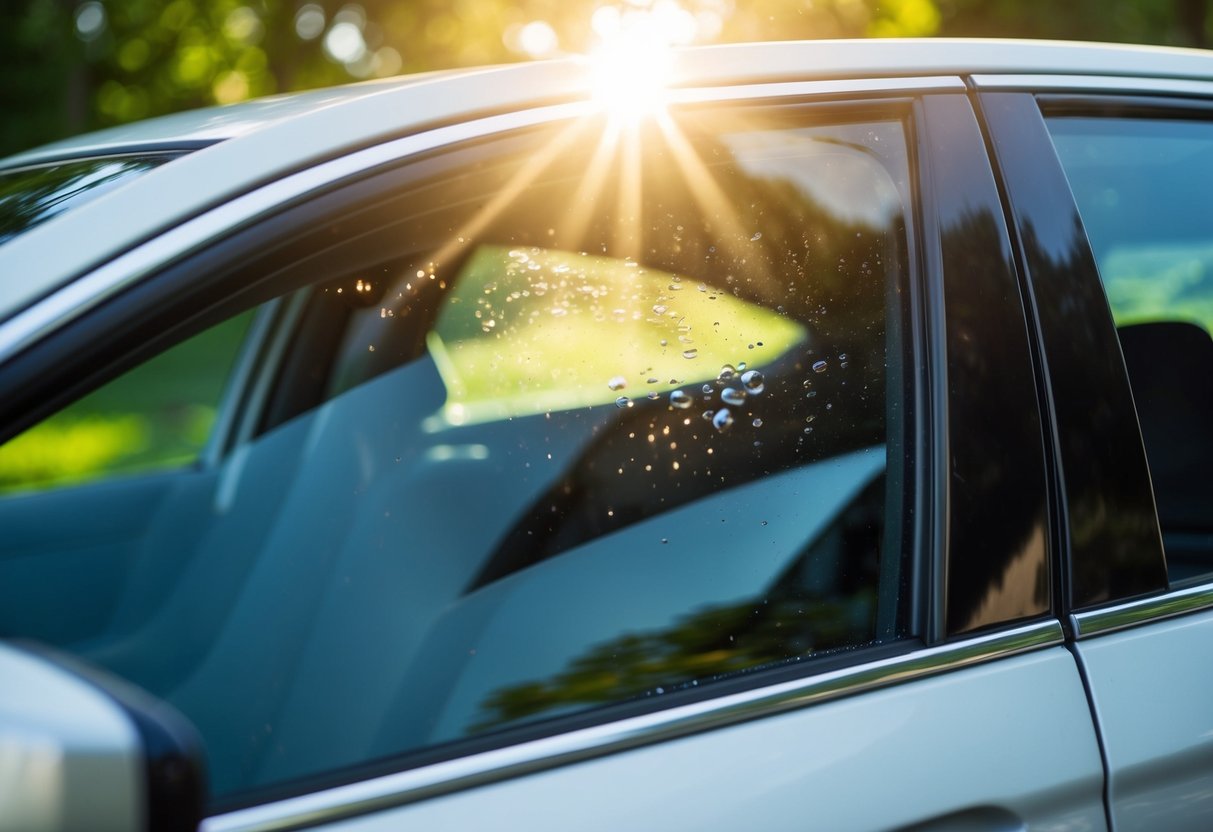 Sunlight shining through a car window with freshly tinted film, showing small bubbles forming in the tinted film