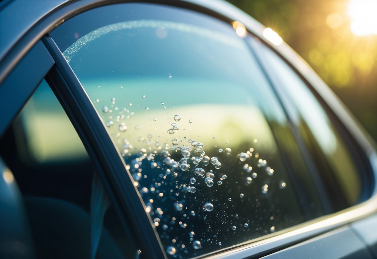 Sunlight filters through a car window, revealing small bubbles trapped in the tint film