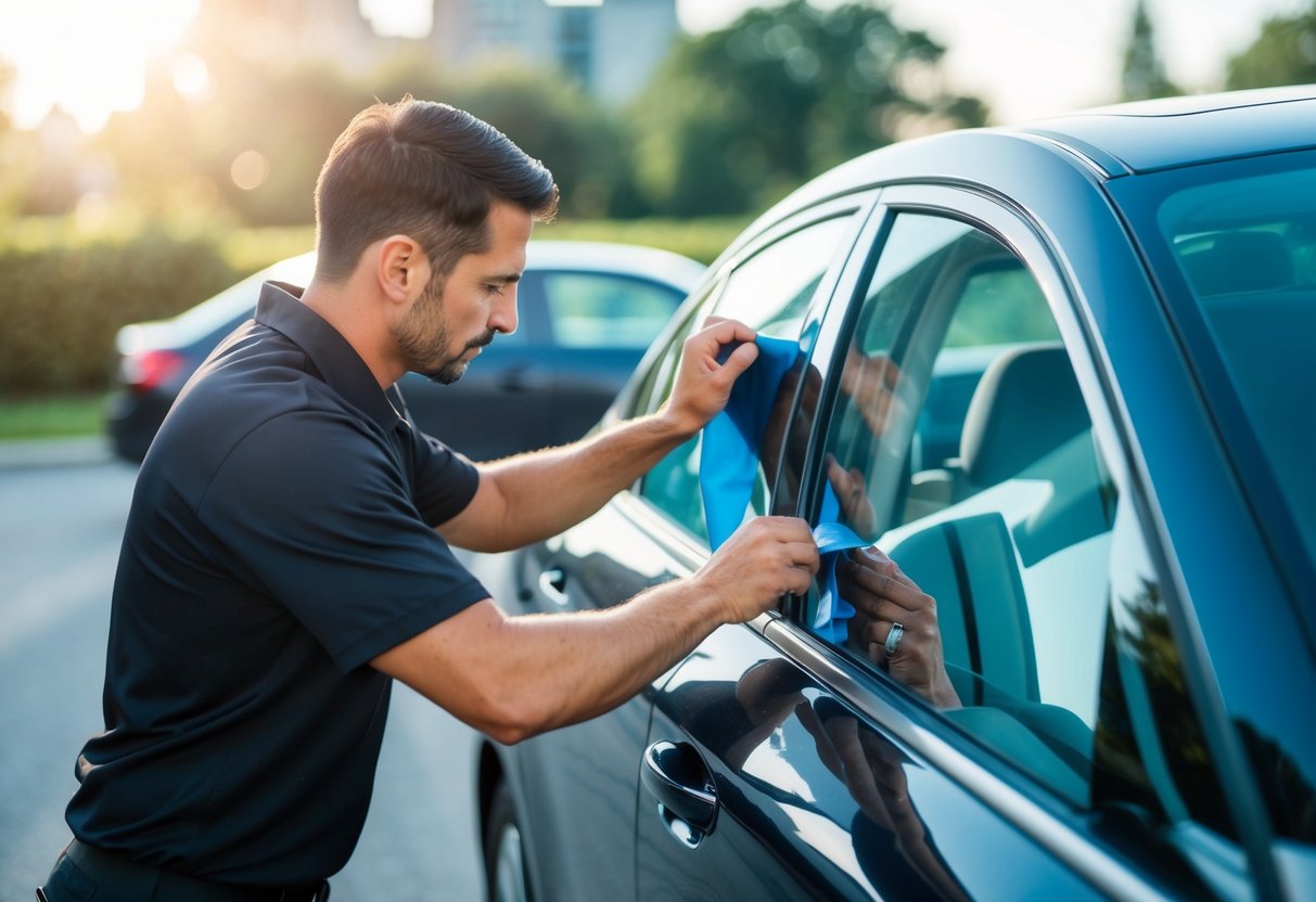 A professional installer carefully applies window tint, ensuring a smooth, bubble-free finish on a car window