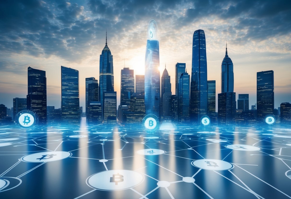 A futuristic city skyline with interconnected networks of data flowing between buildings, symbolizing the need for blockchain technology in business