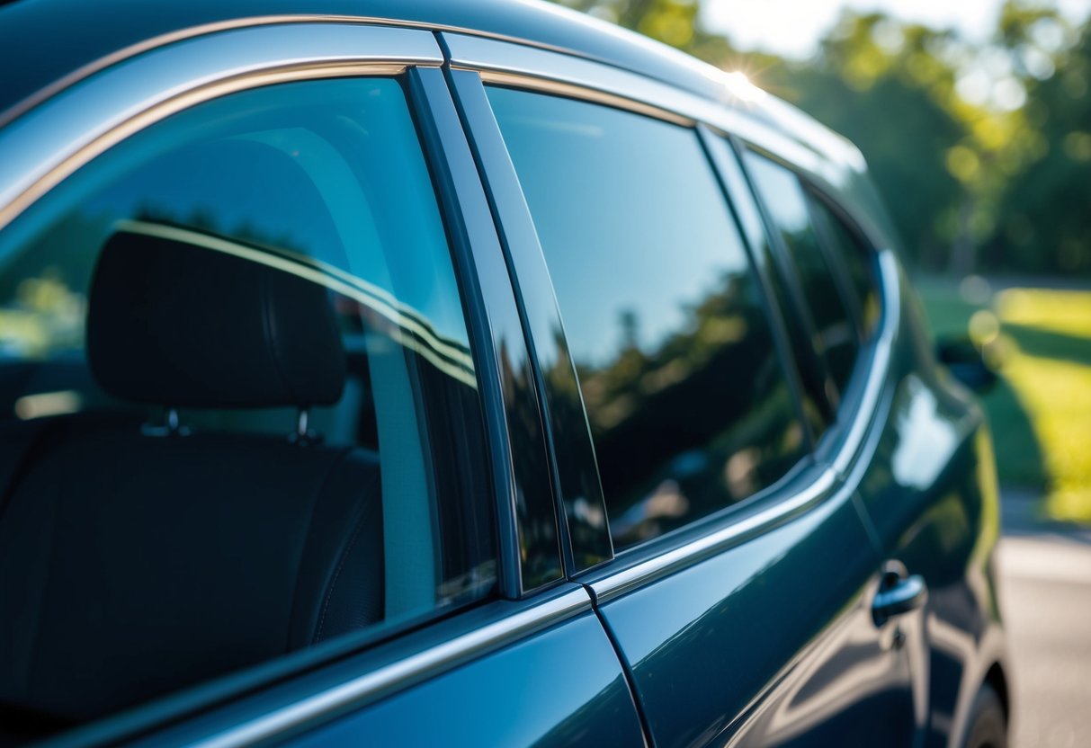 Freshly applied window tint glistens in the sunlight, gradually darkening as it dries. The smooth surface reflects the surrounding environment, creating a sleek and polished appearance