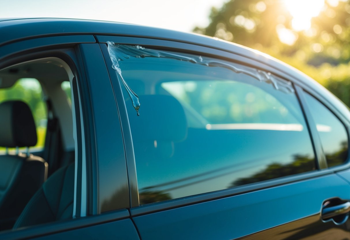 A car window with freshly applied tint drying in the sun