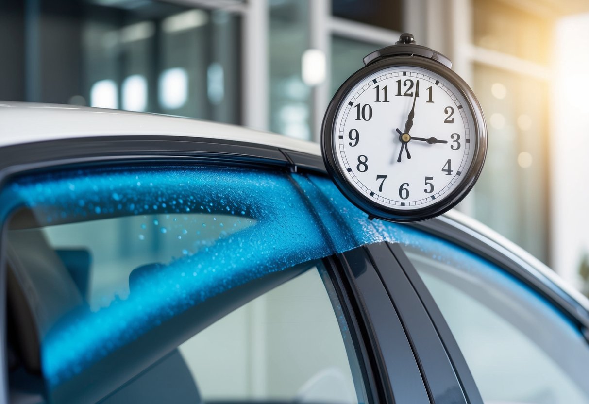 A window tint drying on a glass surface, with a clock showing the passage of time and a professional guide providing instructions