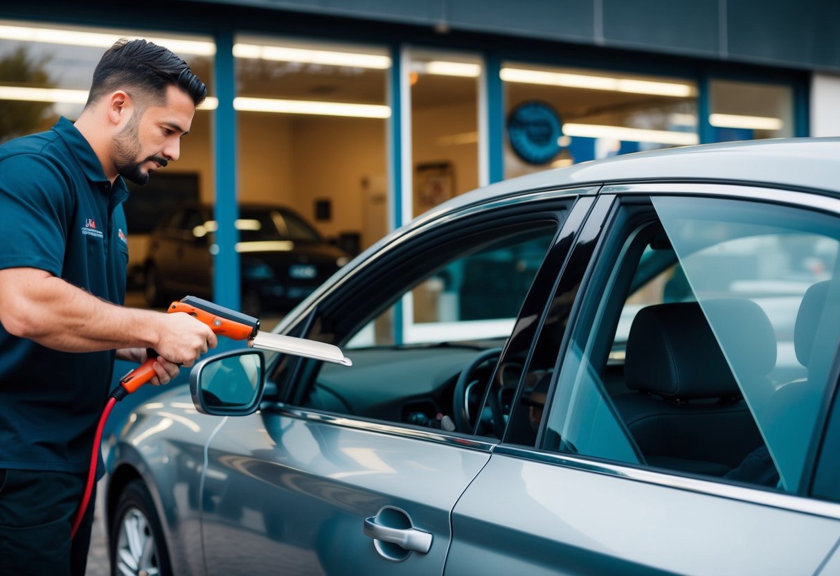 A car parked outside a window tinting shop with a technician applying tint to the windows using a squeegee and heat gun