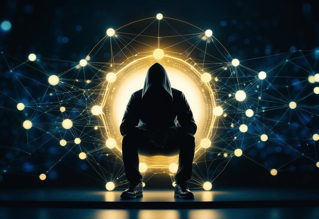 A shadowy figure lurks behind a glowing blockchain, its intricate network of nodes and chains shrouded in darkness. A sense of vulnerability looms over the scene