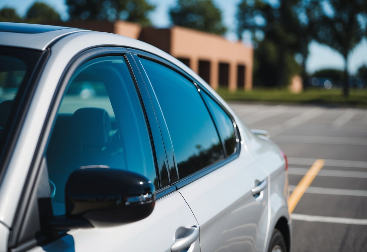 A car window with freshly applied tinting, sitting in a sunny parking lot