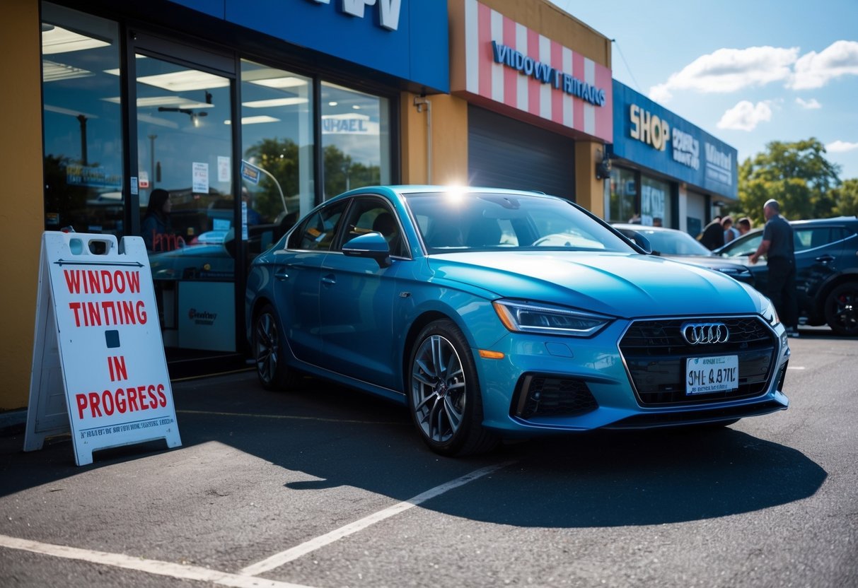 A car with tinted windows parked outside a shop with a sign indicating "window tinting in progress." The sun is shining on the car, and the shop is busy with customers