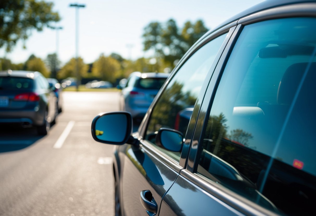 A car window with freshly applied tint, sitting in a sunny parking lot