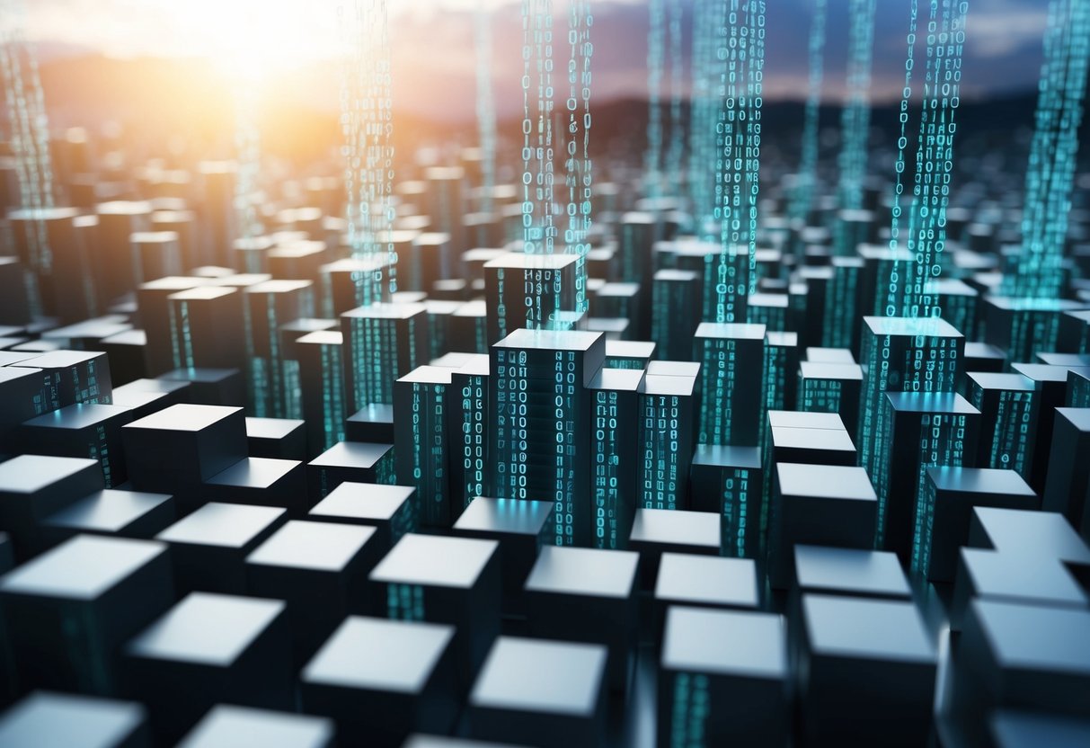 A maze of interconnected blocks with code streaming between them, symbolizing the complex and secure nature of blockchain technology