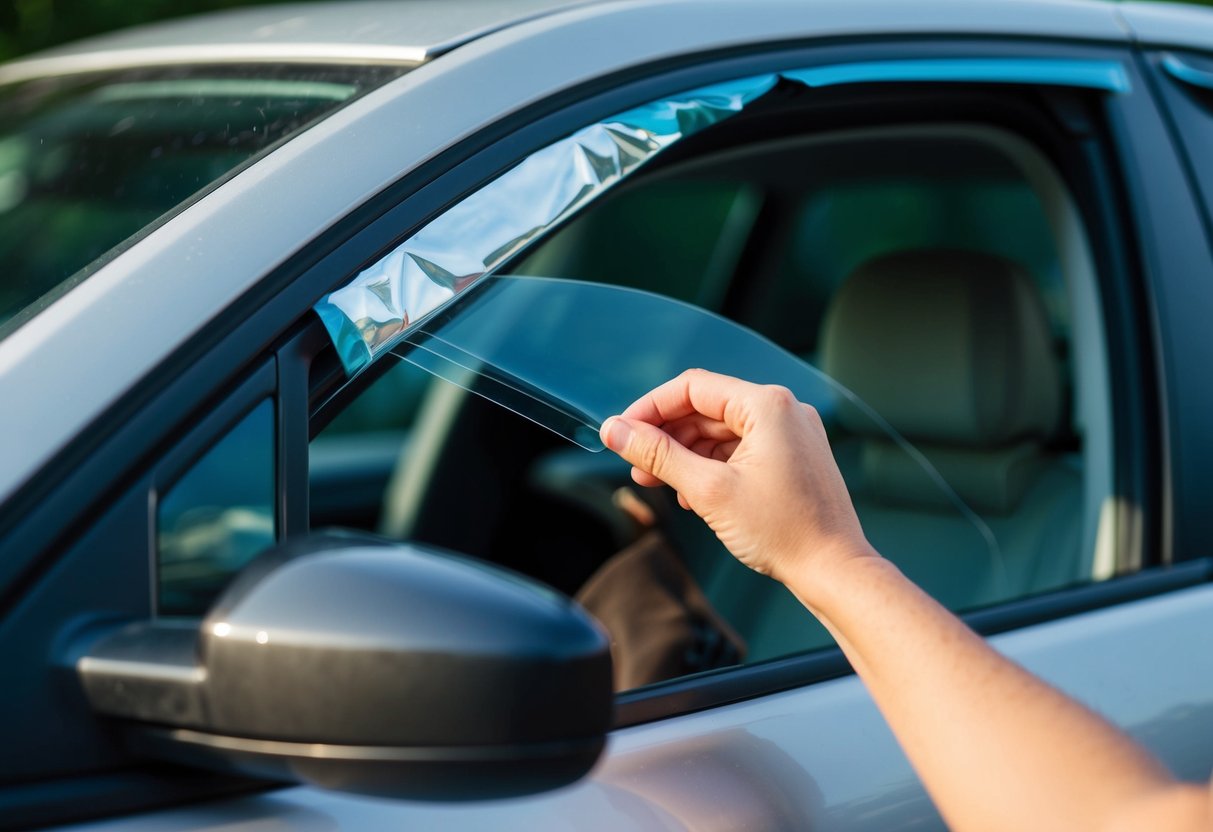 A hand reaching for a car window with peeling tint film