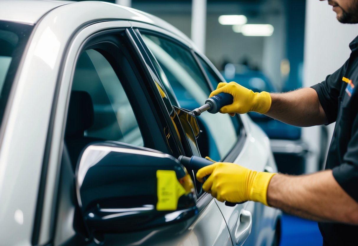 A car with window tint being carefully removed by a professional using specialized tools