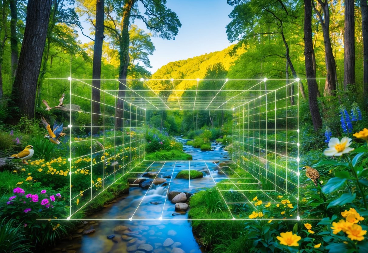 A lush, vibrant forest with a clear stream, surrounded by blooming flowers and diverse wildlife, with a futuristic, transparent grid overlaying the landscape