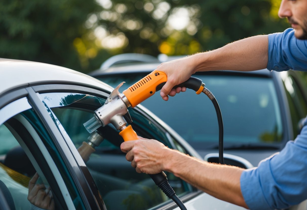 A technician carefully removes window tint from a car using a heat gun and a razor blade, ensuring compliance with legal regulations