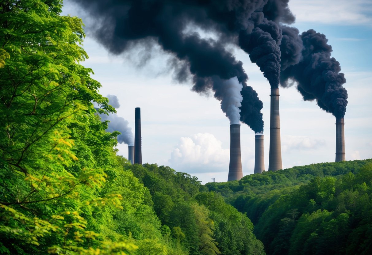 A dense forest with vibrant green foliage, contrasting against a backdrop of industrial smokestacks emitting thick, black smoke into the sky