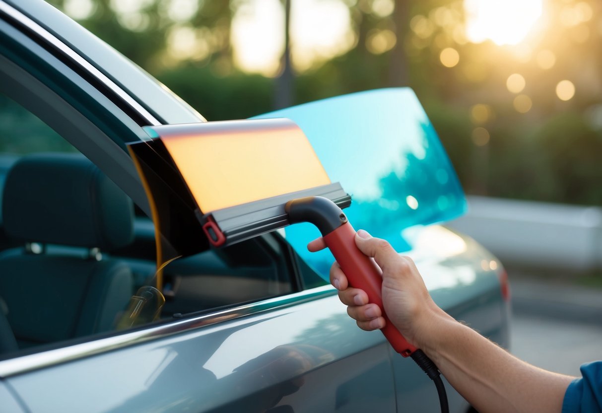 A hand applying window tint to a car window using a squeegee and a heat gun