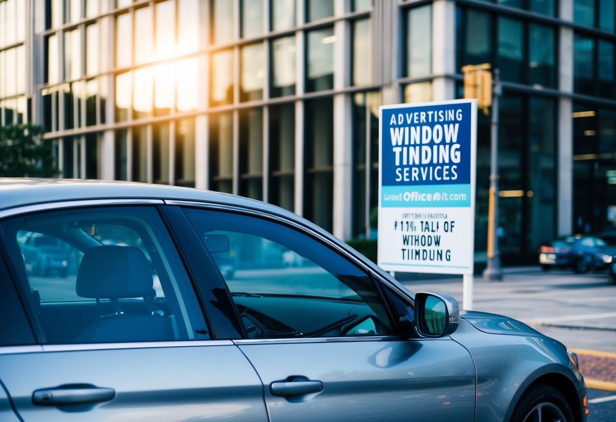 A car with tinted windows parked in front of a busy office building, with a sign advertising window tinting services displayed prominently