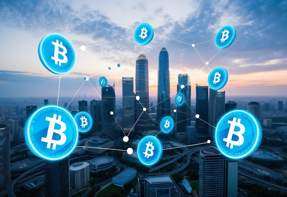 A futuristic city skyline with digital currency symbols floating in the air, interconnected by blockchain technology