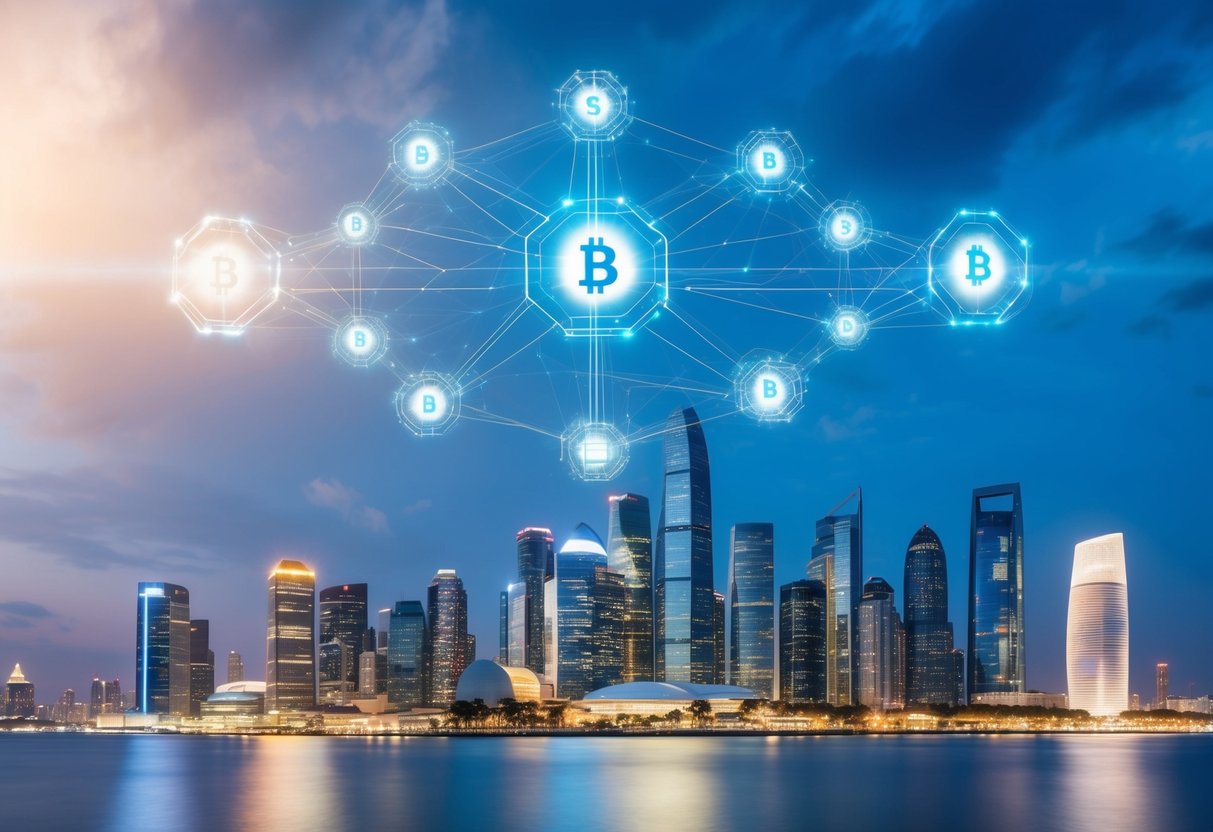 A futuristic city skyline with interconnected, glowing blockchain nodes hovering above, symbolizing the essential skills needed for a future-proof career