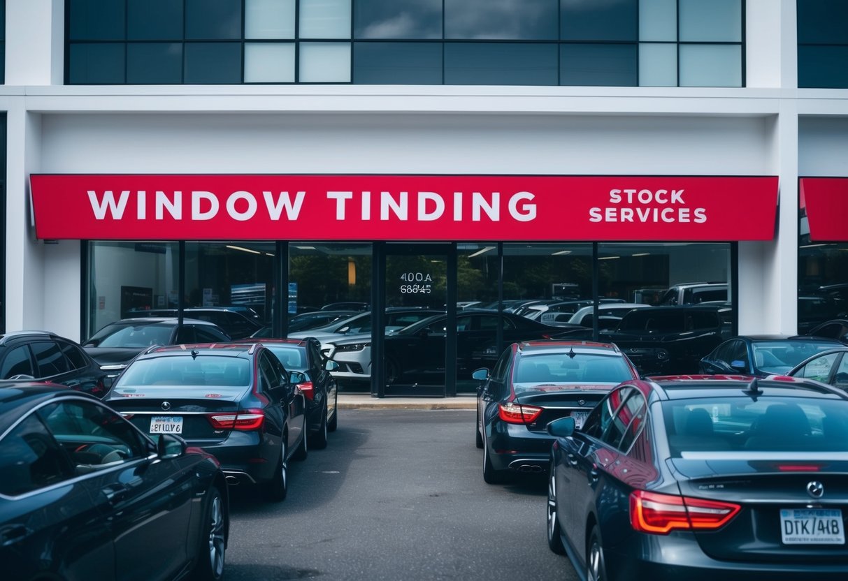 A sleek, modern storefront with a bold sign advertising window tinting services. A steady stream of cars pulls up for consultations and installations