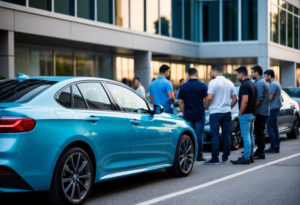 A car with tinted windows parked outside a busy office building, with a line of customers waiting to have their windows tinted