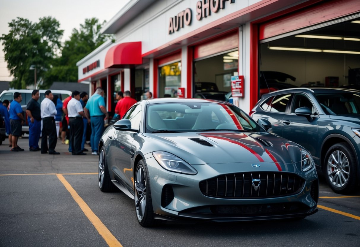 A sleek, modern car with tinted windows parked in front of a bustling auto shop. A line of customers waits outside, drawn in by the promise of a profitable service