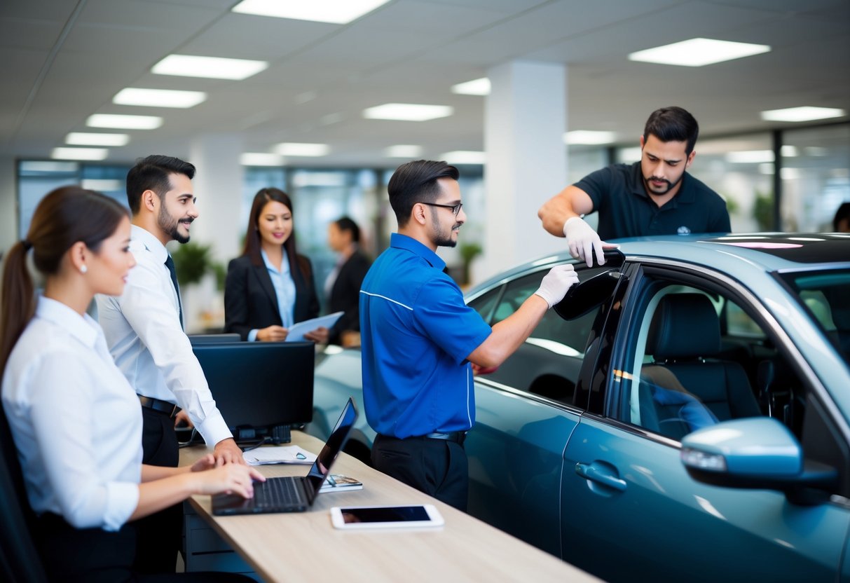 A busy office with employees assisting customers, while a technician works on tinting a car window in the background