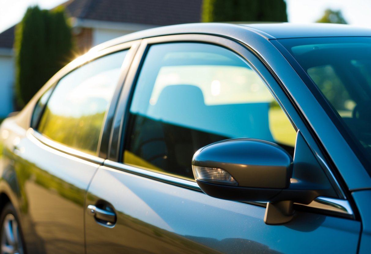 A car with fading window tint parked in a sunny driveway