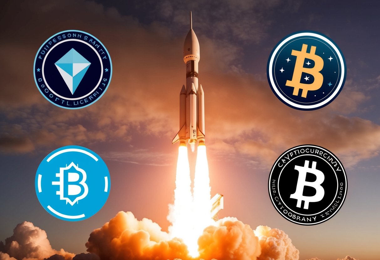 A rocket launching into space surrounded by five different cryptocurrency logos