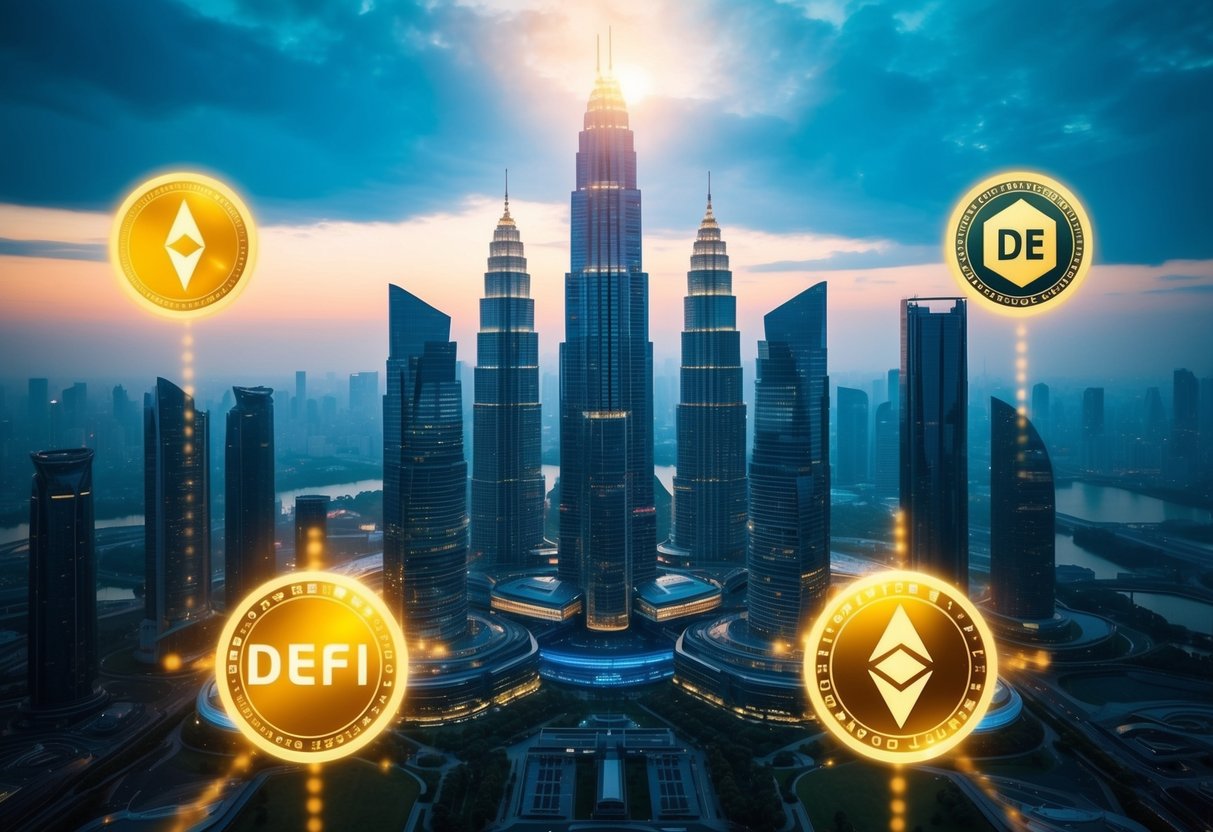 A futuristic cityscape with towering skyscrapers surrounded by glowing symbols representing different DeFi coins, emitting a sense of potential and explosive growth