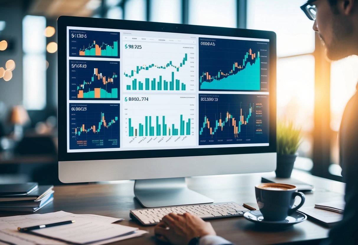 A computer screen with multiple cryptocurrency charts and graphs, surrounded by research notes and a cup of coffee