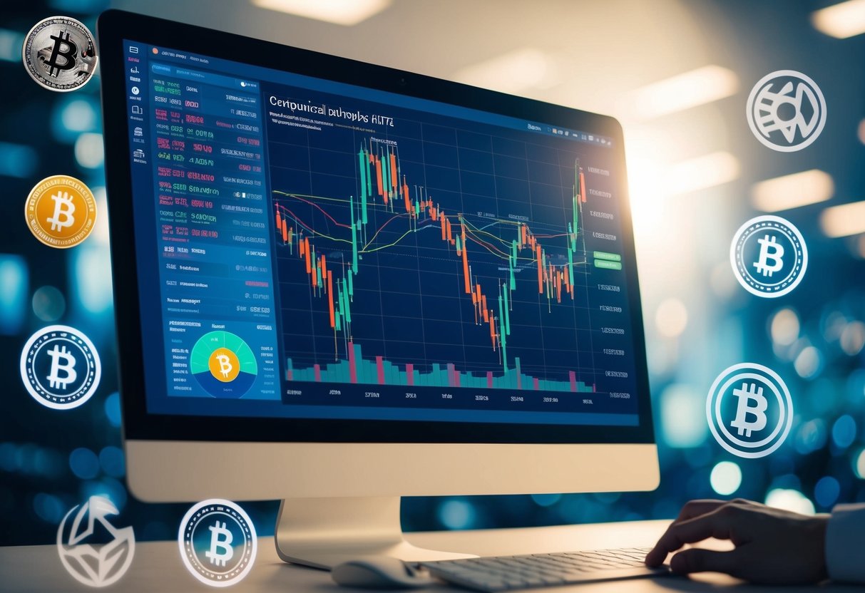 A computer screen displaying a complex chart with various technical analysis indicators and patterns, surrounded by cryptocurrency logos and symbols