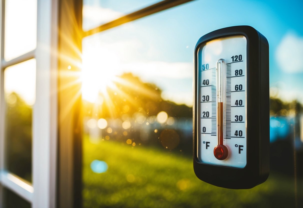 A sunny window with a thermometer outside, showing higher temperature. A tinted window with a lower temperature reading