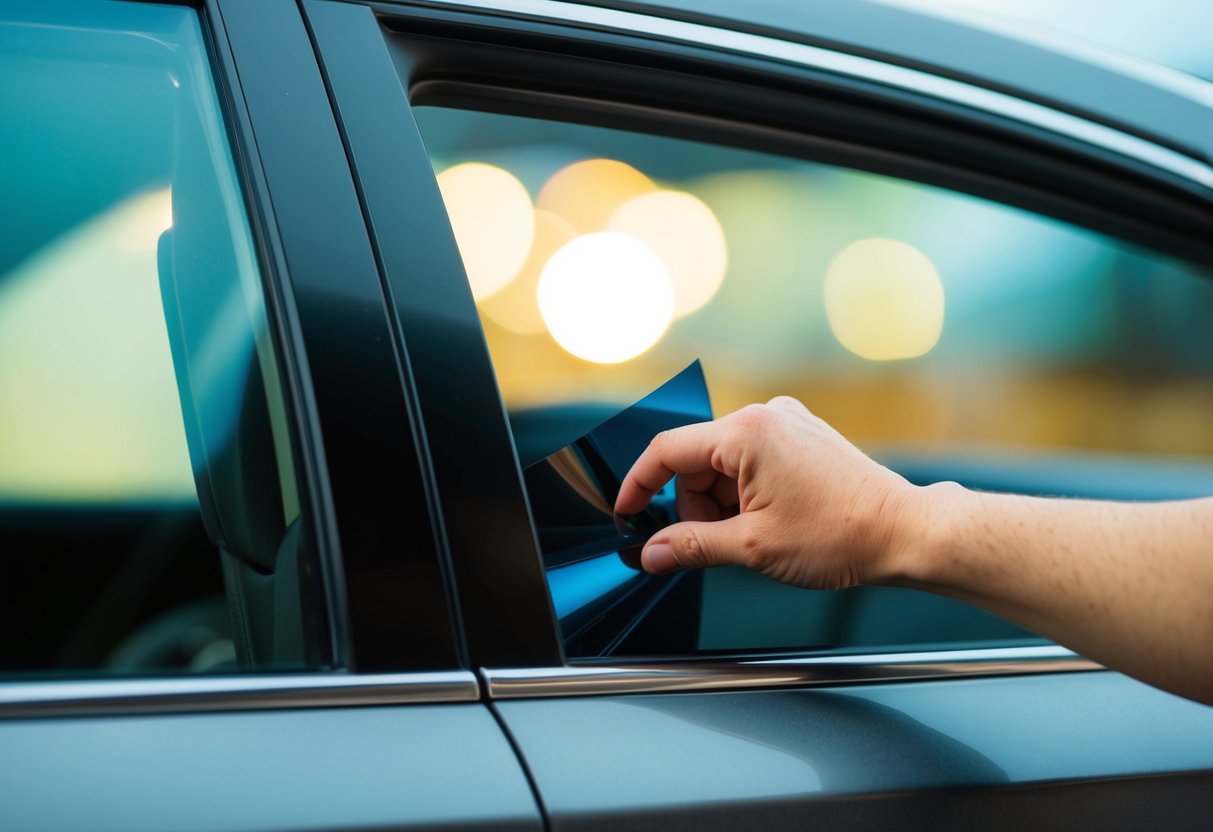 A hand reaching inside a car window, applying rear window tint from the inside