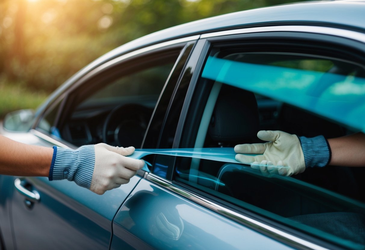 A car window with rear tint film being applied from the inside by a person wearing protective gloves