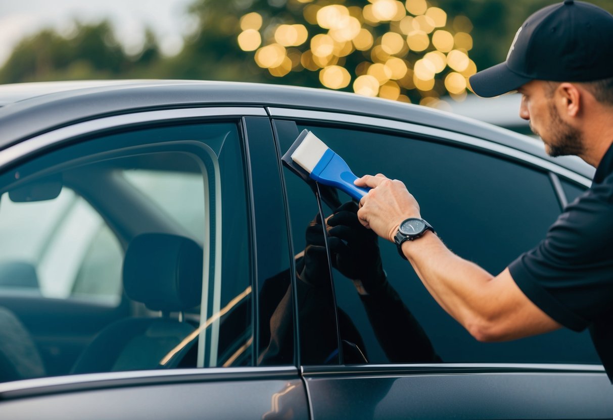 A professional installer carefully applies a dark window tint to a car window, using a squeegee to smooth out any air bubbles