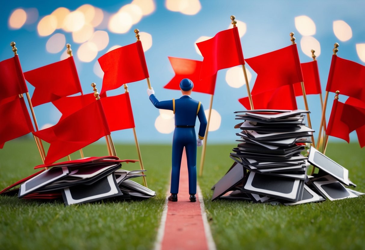 A figure surrounded by red flags, with a pile of rookie mistakes on one side and a clear path to avoid them on the other