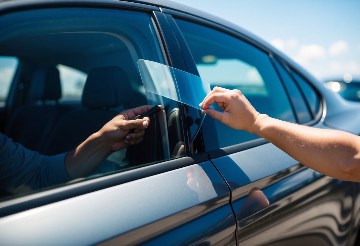 A person applying window tint to the exterior of a car window on a sunny day