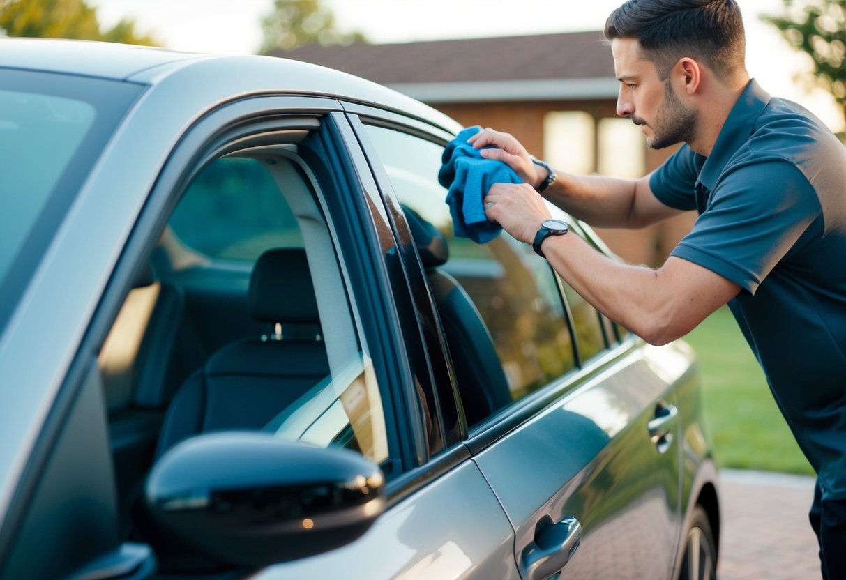 A car with tinted windows parked outside, with a person cleaning the exterior of the windows