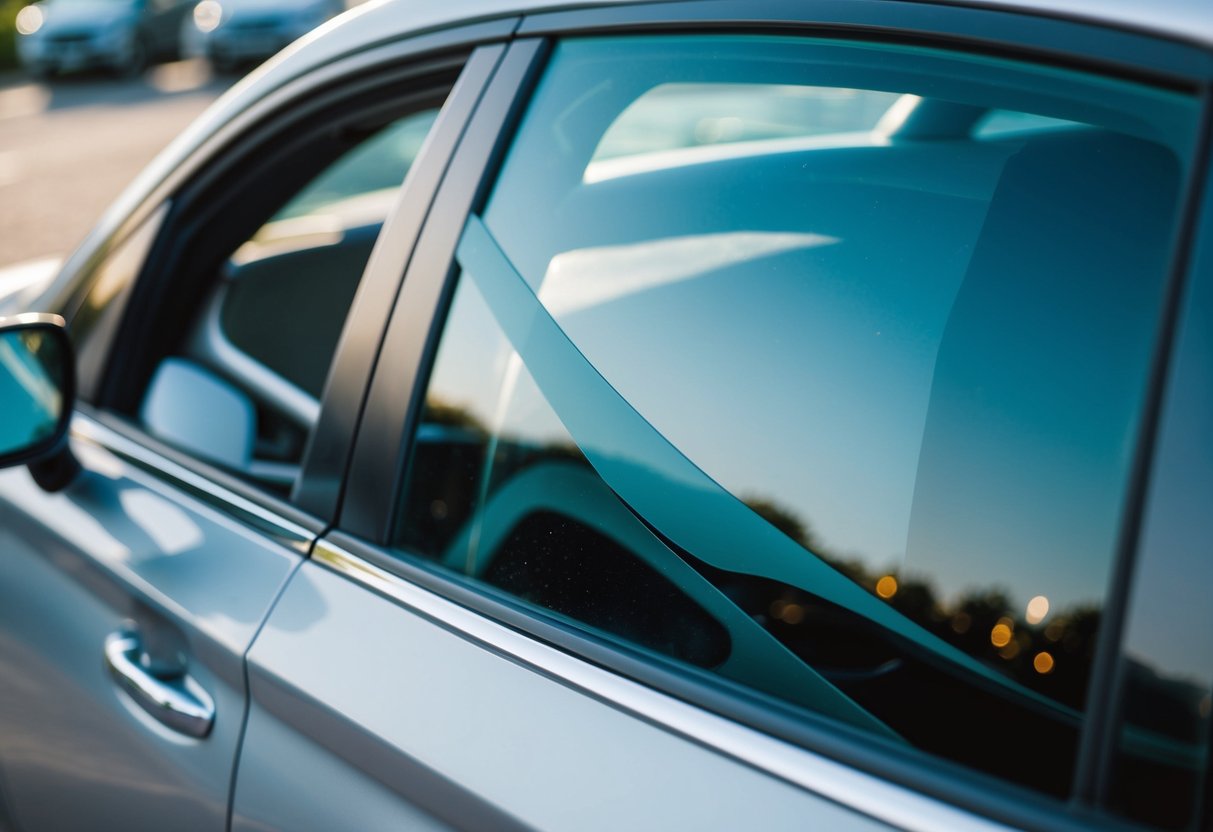 A car window with a visible layer of tint applied on the outside