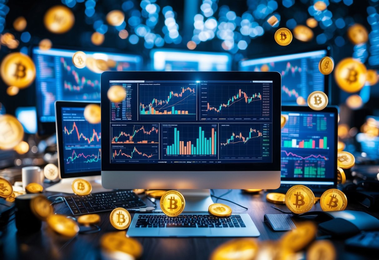 A chaotic mix of cryptocurrency charts, graphs, and computer screens, surrounded by a sense of uncertainty and risk