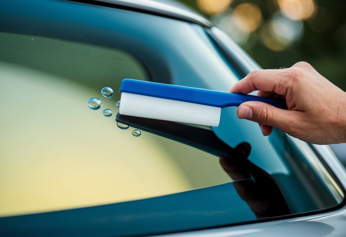 A hand applying window tint to a plastic surface, smoothing out any air bubbles with a squeegee