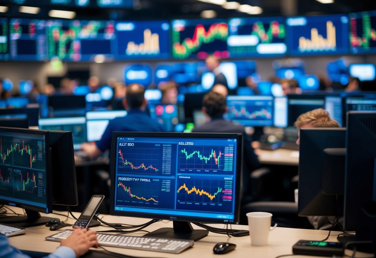 A chaotic trading floor with multiple computer screens displaying various altcoin charts and graphs, as traders frantically buy and sell digital currencies